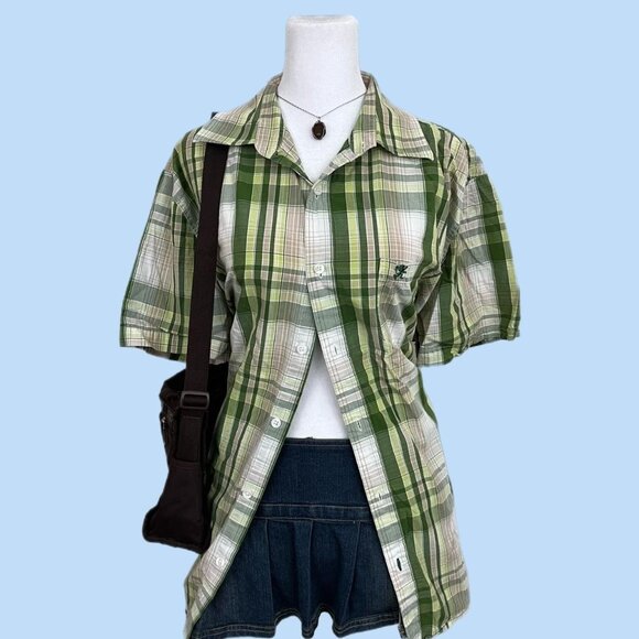 green plaid preppy skate button up shirt - Picture 1 of 8